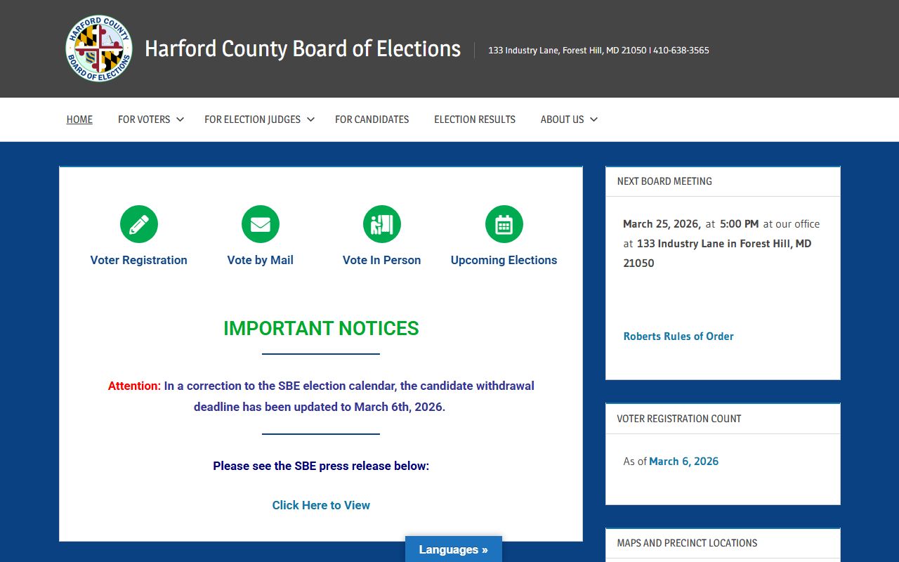 Harford County Board of Elections for Bel Air South residents directory