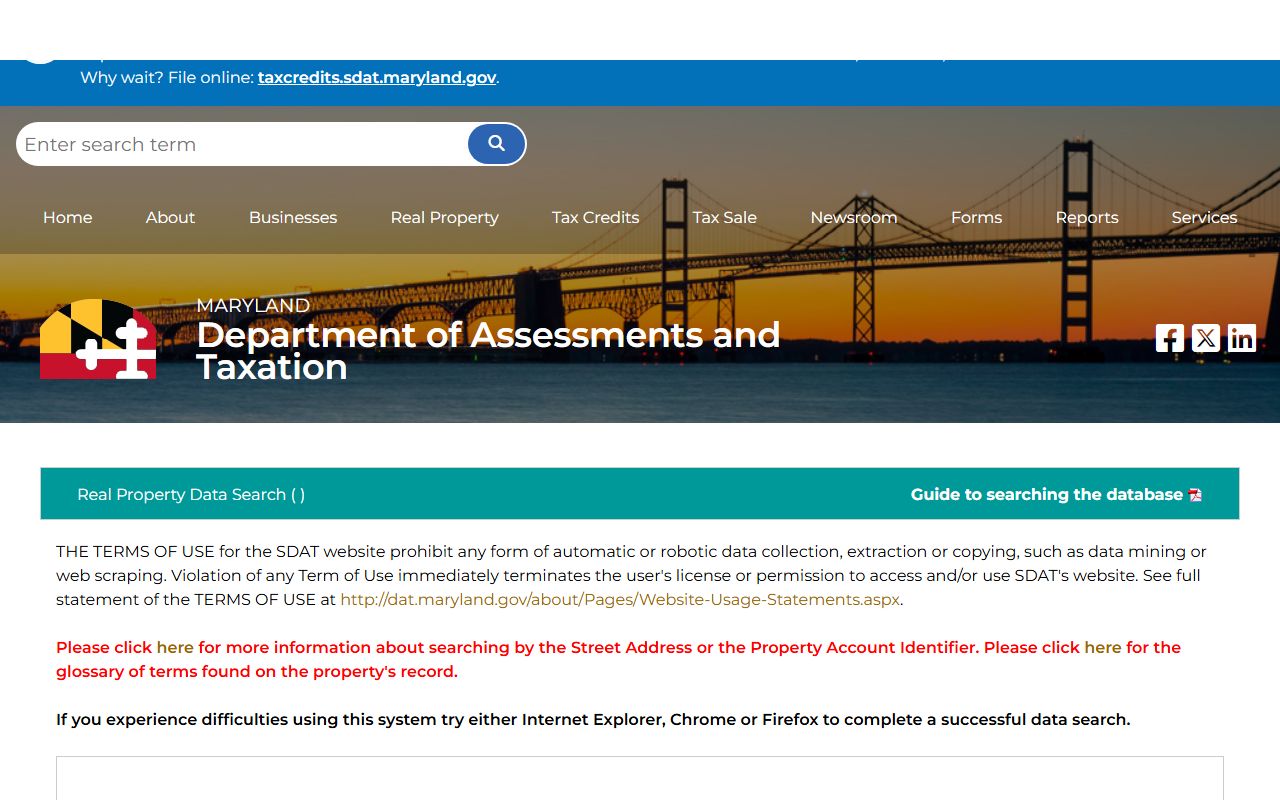 SDAT Real Property Search for Maryland residents directory